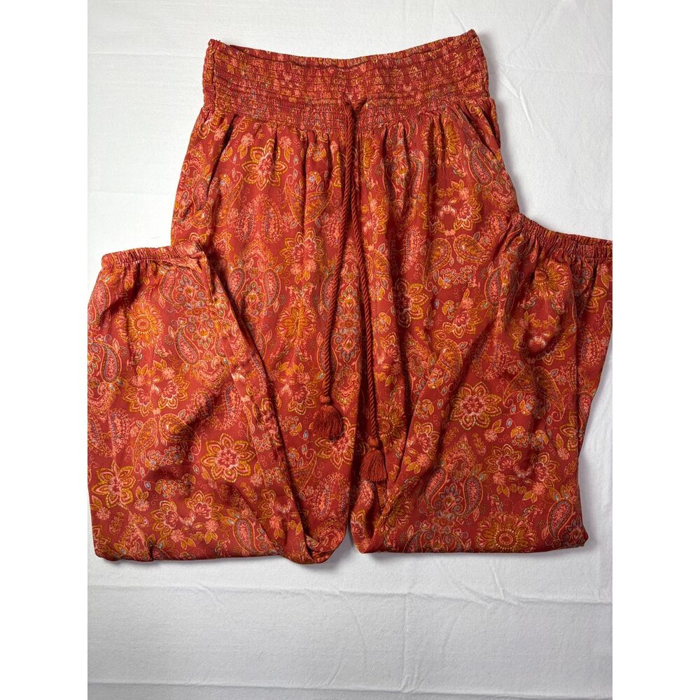 Aerie Smocked Waist Paisley Harem Jogger Pants Rust Terracotta Tassel Medium